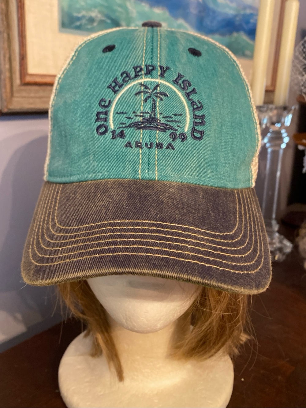 V! Aruba One Happy Island est. 1499 Cotton Adjustable Baseball Cap Distressed Lo